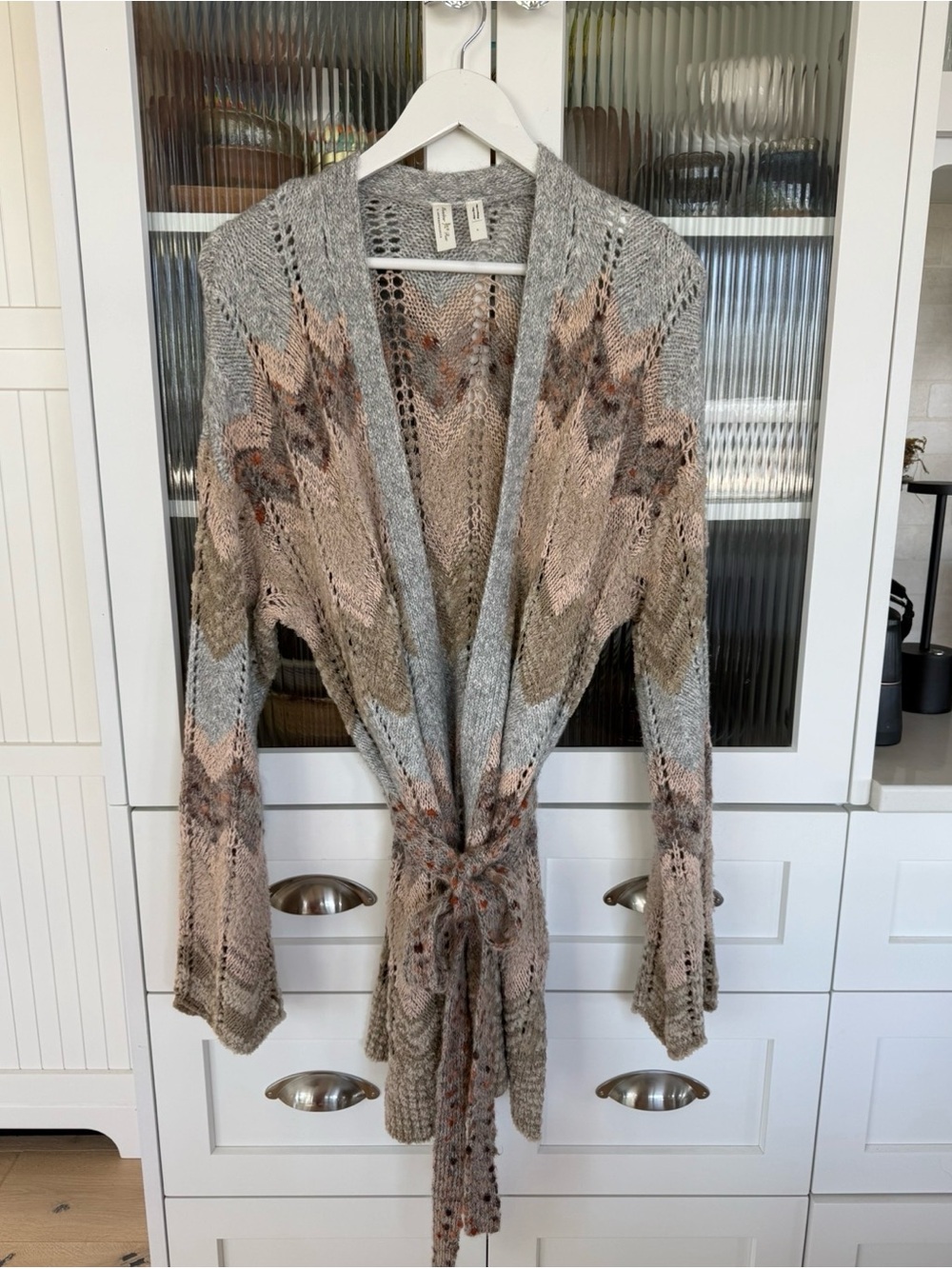 Anthropologie Open-Knit Tie-Waist chevron Cardigan in Gray and Tan